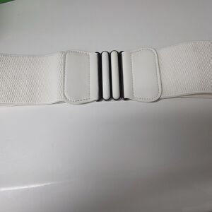 White Elastic Waist Belt with Metal Triple Bar Closure